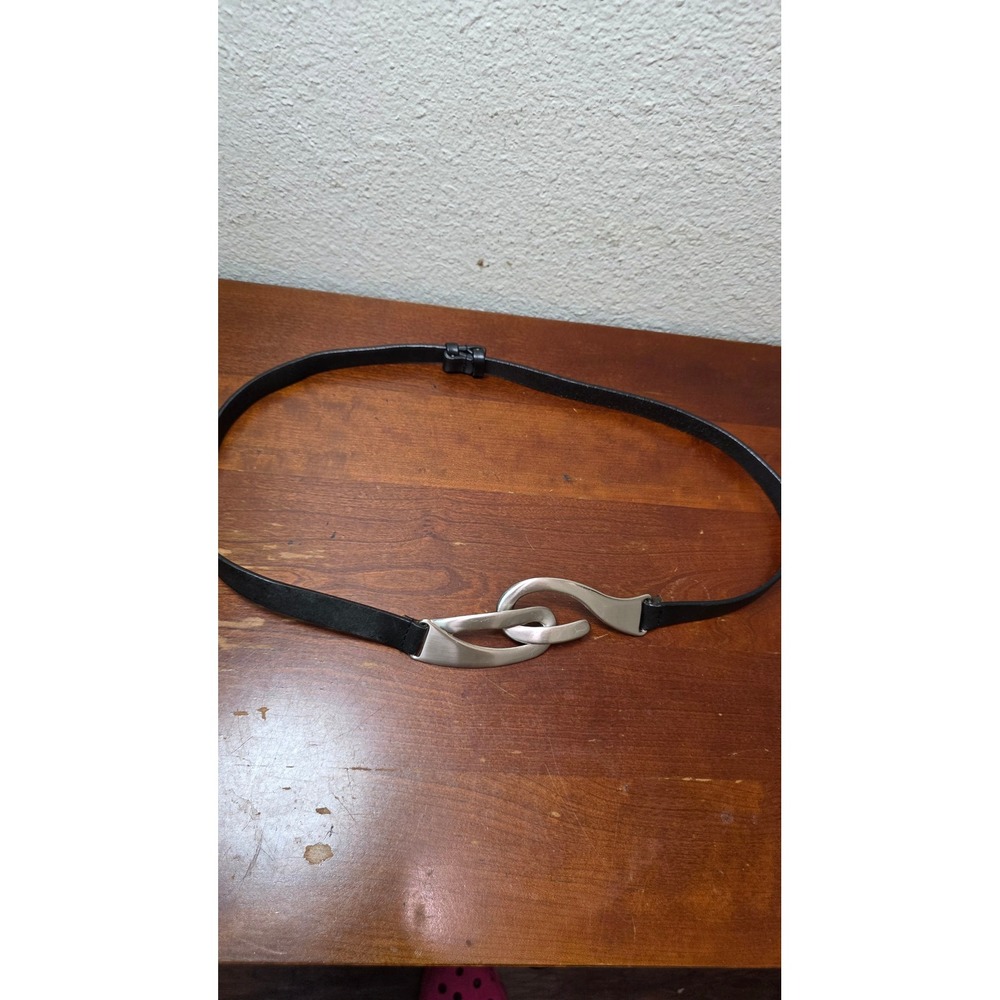 Unbranded Black Leather Belt Womens Medium Silver Abstract Interlocking Buckle